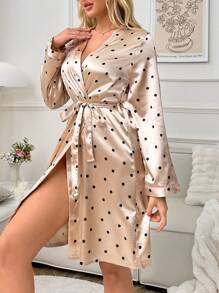 Váy ngủ lụa dài tay chấm bi thanh lịch dành cho nữ - Màu Khaki - Xem 5