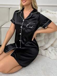 LuxeNights Contrast Trim Embroidery Lapel Open Front Ladies' Pajama Night Dress With Pockets Luxeloungewear, Moo Moo Night Dress - Black - View 3