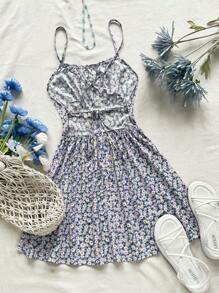Soleia Vestido corto de verano para mujeres con tirantes de espagueti sin espalda cruzados con estampado floral pequeño para vacaciones