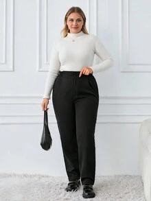 SHEIN Cottnline Plus Size Solid Color Ladies' Pants With Side Pockets - Black - View 5