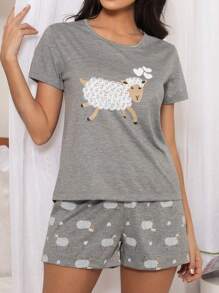 SHE(IN) BRASIL Conjunto De Pijama Short Doll Estampado Feminino Manga Curta - Xám - Xem 3