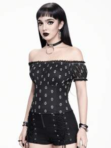 ROMWE Goth 網眼骷髏印花露肩蕾絲修邊短款女T恤，腰部收緊設計 - 黑色 - 查看 5