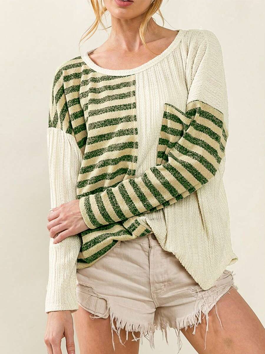 Women's Khaki Striped Patch Textured Fabric Long Sleeve Top - Khaki - View 1