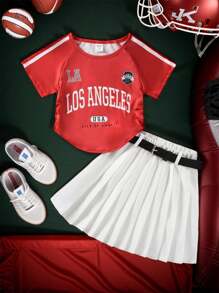 SHEIN Young Girl Summer Casual Letter Printed Raglan Sleeve Pleated T-Shirt And Ruffled Hem Skirt Set - Multicolor - View 1