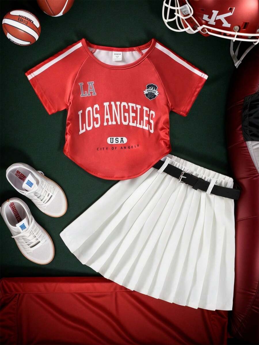 SHEIN Young Girl Summer Casual Letter Printed Raglan Sleeve Pleated T-Shirt And Ruffled Hem Skirt Set - Multicolor - View 1