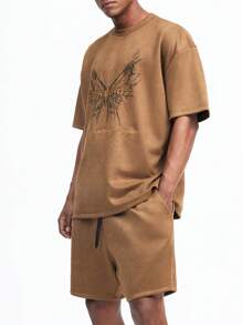Manfinity NXTstreet Men Spring/Summer Casual Butterfly Printed Letter Embroidered Short Sleeve T-Shirt And Shorts Set - Brown - View 4