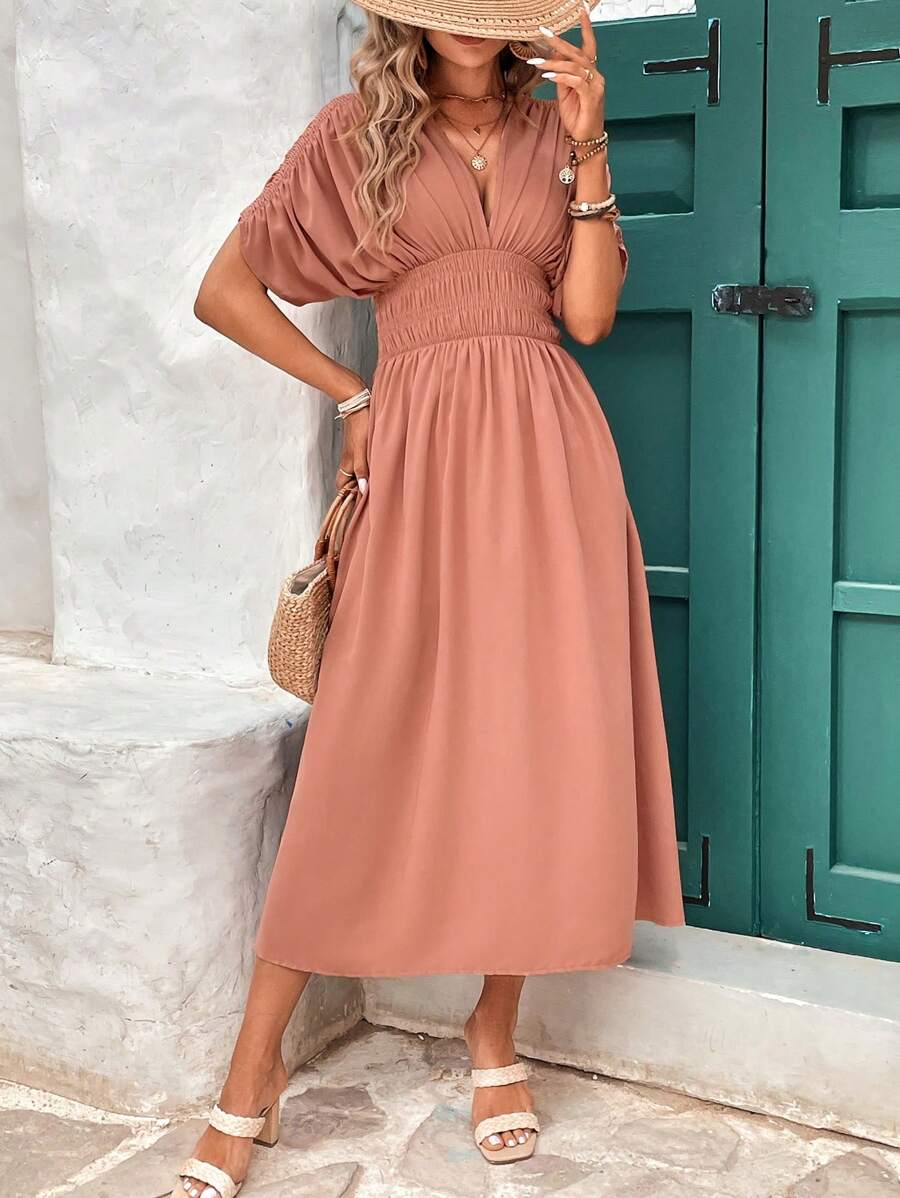 SHEIN LUNE Ladies' Solid Color Casual Dress With Simple Pleat Design, Daily Wear - Khaki - View 1