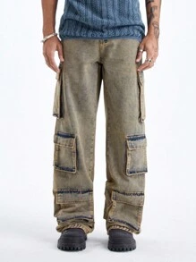 Manfinity Hypemode Men's Denim Vintage Rustic Dirty Multi-Pocket Cargo Jeans - Rust Brown - View 1