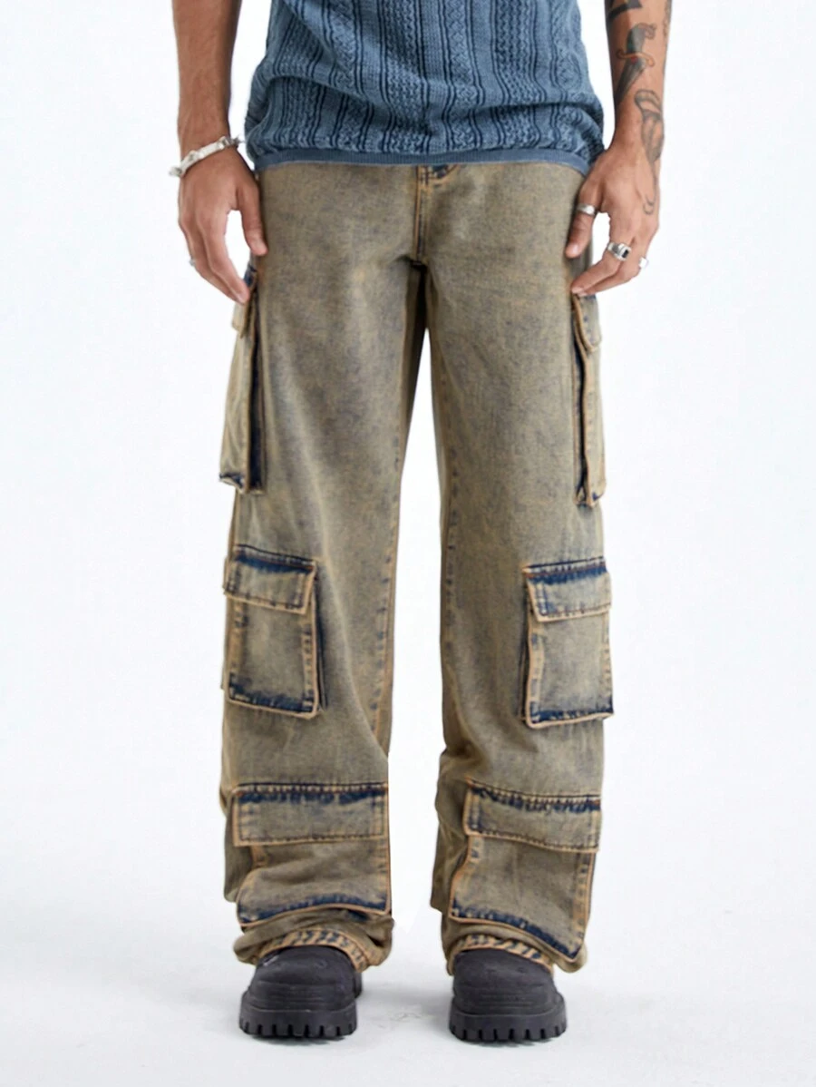 Manfinity Hypemode Men's Denim Vintage Rustic Dirty Multi-Pocket Cargo Jeans - Rust Brown - View 1