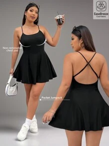 SHEIN EZwear Women's Plus Size Black Ice Silk Cool-Feeling Functional Fabric Smooth & Non-Sticky Solid Color Basic Casual Sports Jumpsuit With Skin-Friendly Material, Non-Removable Chest Pad, Crossed Back Straps, Pockets, Ideal For Daily Leisure - Black - View 1