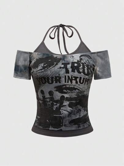 Grunge Punk Top court imprimé avec slogan de lunettes de soleil modernes Y2K, teinture batik, pour femmes, école