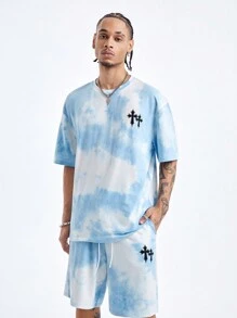 Manfinity VCAY Men's Loose Fit Cross Print Round Neck Knit T-Shirt Set, Suitable For Summer