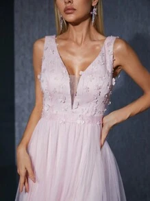 Rochie de domnișoară de onoare fără mâneci, cu suprapunere de plasă, cu crăpături înalte și aplicații decorative, rochie de seară - Roz - Vizualizare 6