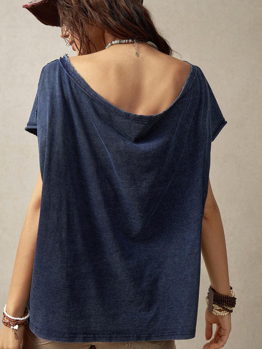 Bohemela Women's Summer Solid Color Round Neck Batwing Short Sleeve Casual T-Shirt For Vacation - Blue - View 1