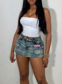 Y2K Preppy Slant Pocket Contrast Zipper Stretchy Skinny Denim Mini Skorts Casual Daily Going Out Vacation Versatile For Spring And Summer - Blue - View 3