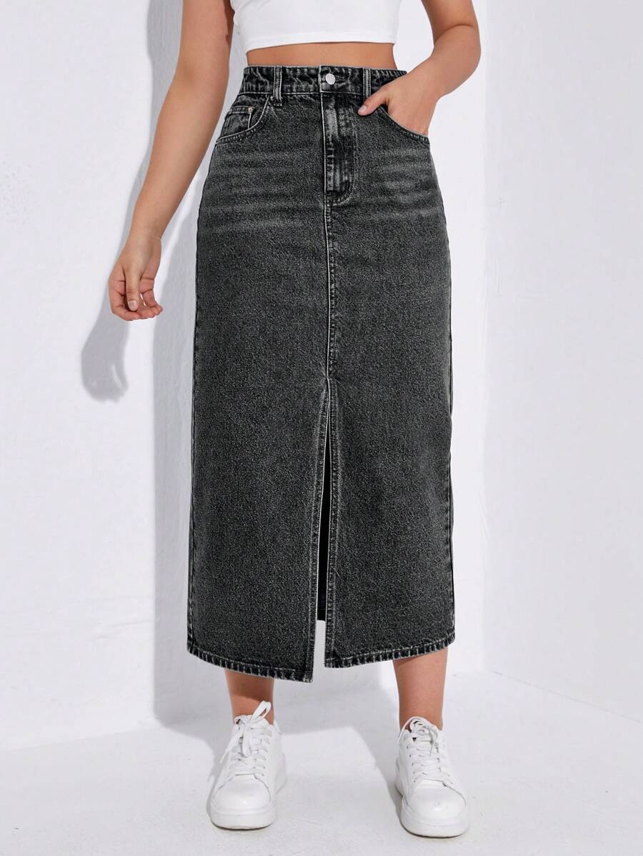 SHEIN EZwear Váy denim màu trơn đơn giản hàng ngày cho nữ - Xám - Xem 1