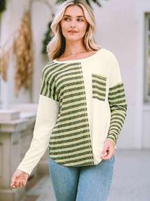 Women's Khaki Striped Patch Textured Fabric Long Sleeve Top - Khaki - View 3