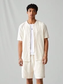 Manfinity VCAY Men's Fashionable Knitted Casual Casual Solid Color Short Sleeve Shirt And Shorts Set, Daily Wear - Beige - View 8