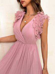SHEIN Privé Vestido elegante y romántico para uso diario de mujer, para citas, de verano con ribete de volantes en el borde, cuello en V, cintura plisada y sin mangas en longitud media