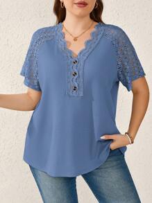 EMERY ROSE Plus Size Women's Casual Contrast Lace V-Neck Short Sleeve T-Shirt, Summer - Blue - View 1