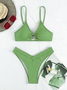 SHEIN Swim 女士純色環形連結性感比基尼套裝，含分離式上下衣，夏季沙灘服飾 - 綠色 - 查看 5