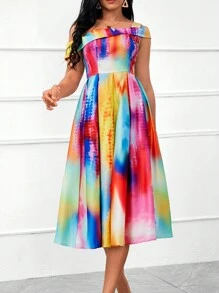 SHEIN Lady Casual Women Dresses Women's Oblique-Shoulder Colorful Tie-Dye Printed Countryside Music Festival Dress