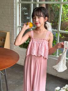 SHEIN Tween Girls' Embroidered Cami Jumpsuit With Ruffle Hem - Pink - View 3