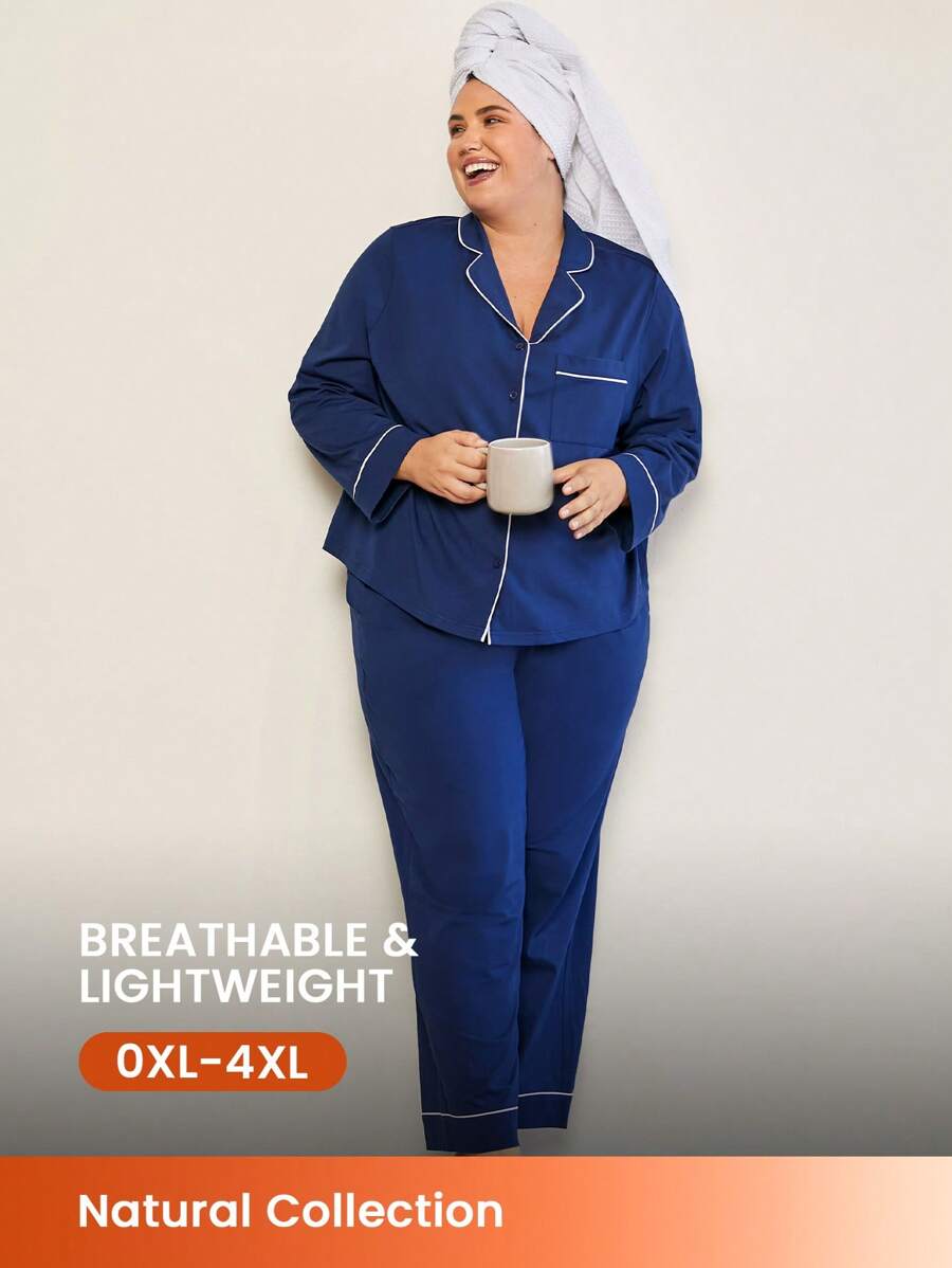 LUVLETTE Autumn And Winter Women Plus Soft Cotton & Modal Dark Blue Basic Long Women Pajama Set Lounge Set Fall Pajamas Clothes