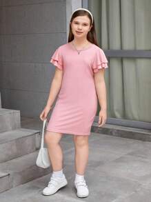 SHEIN Tween Girls Extended Size Double-Layered Ruffle Sleeve Round Neck Dress, Multiple Pieces Set