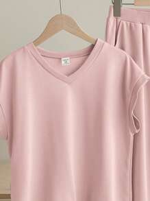 SHEIN Tween Girls' Knitted Plain Basic Loose-Fit V-Neck T-Shirt And Wide Leg Casual Pants Two-Piece Set - Pink - View 7