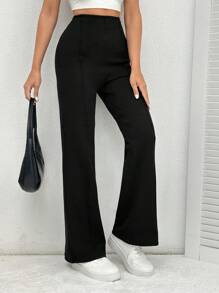 SHEIN PETITE Pantalon confortable noir à grande élasticité et évasé