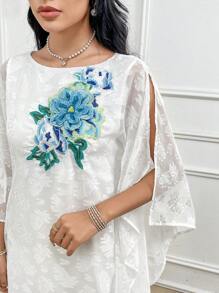 Al Najma Vestido largo de verano para mujer con mangas murciélago elegante y bordado floral - Blanco - Ver 4