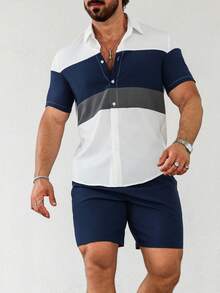 Manfinity Homme Conjunto de camisa de manga corta y pantalones cortos simples para hombre con bloque de color para uso diario - Blanco - Ver 4