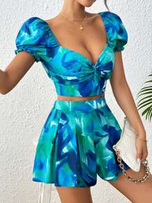 Breezaya 女士花卉印花甜心领口短款泡泡袖短款上衣和裙子两件套度假装 - 綠色 - 查看 6