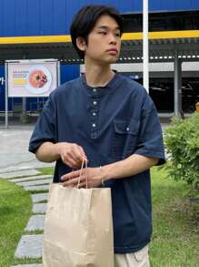 DAZY Men's Summer Plain Button Down Cargo Shirt With Pockets, Drop Shoulder & Loose Fit Back To School - Blue - View 4