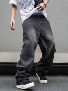 Claim Dot Pantalones vaqueros anchos y sueltos con bolsillos para hombres, pantalones vaqueros anchos lisos y largos lavados de color gris oscuro tipo cargo, para regalo de esposo o novio - Gris - Ver 7