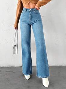 SHEIN Cottnline 高腰直筒牛仔褲 - 淺藍色 - 查看 4