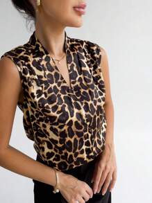 SHEIN Privé Leopard Print Button Front Work Women Shirt Blouse