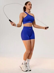 SHEIN Core Rhythm Tuta sportiva da donna, top monospalla con stampa di lettere e pantaloncini aderenti, completo allenamento - Blu - Visualizzare 3