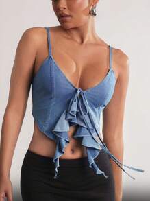 SHEIN Unity 女士夏季前扣鬆緊褶邊牛仔背心上衣，性感 - 淺色水洗藍 - 查看 1