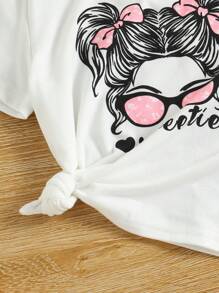 SHEIN Ensemble assorti décontracté pour jeune fille avec motif mignon de fille et pantalon floral