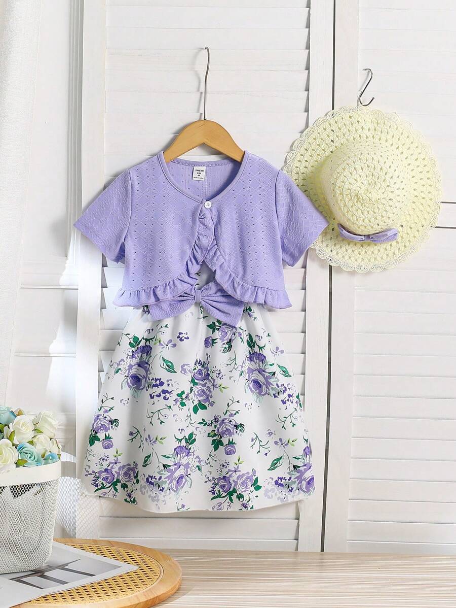 SHEIN Ensemble de 2 pièces Jupe élégante tricotée imprimée numériquement pour filles et Haut à manches courtes en dentelle - Prune - Voir 1