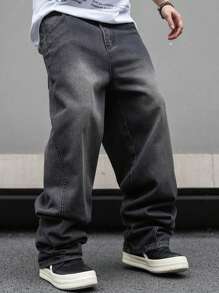 Claim Dot Pantalones vaqueros anchos y sueltos con bolsillos para hombres, pantalones vaqueros anchos lisos y largos lavados de color gris oscuro tipo cargo, para regalo de esposo o novio - Gris - Ver 4