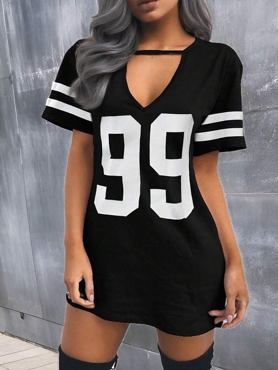 Chiquease Hollow-Out V-Neck Knitted Printed Casual Women's Short Sleeve Dress