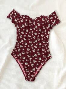 Soleia Women's Holiday Black-Based Ditsy Floral Off-Shoulder Ruffled Bodysuit - Burgundy - View 5