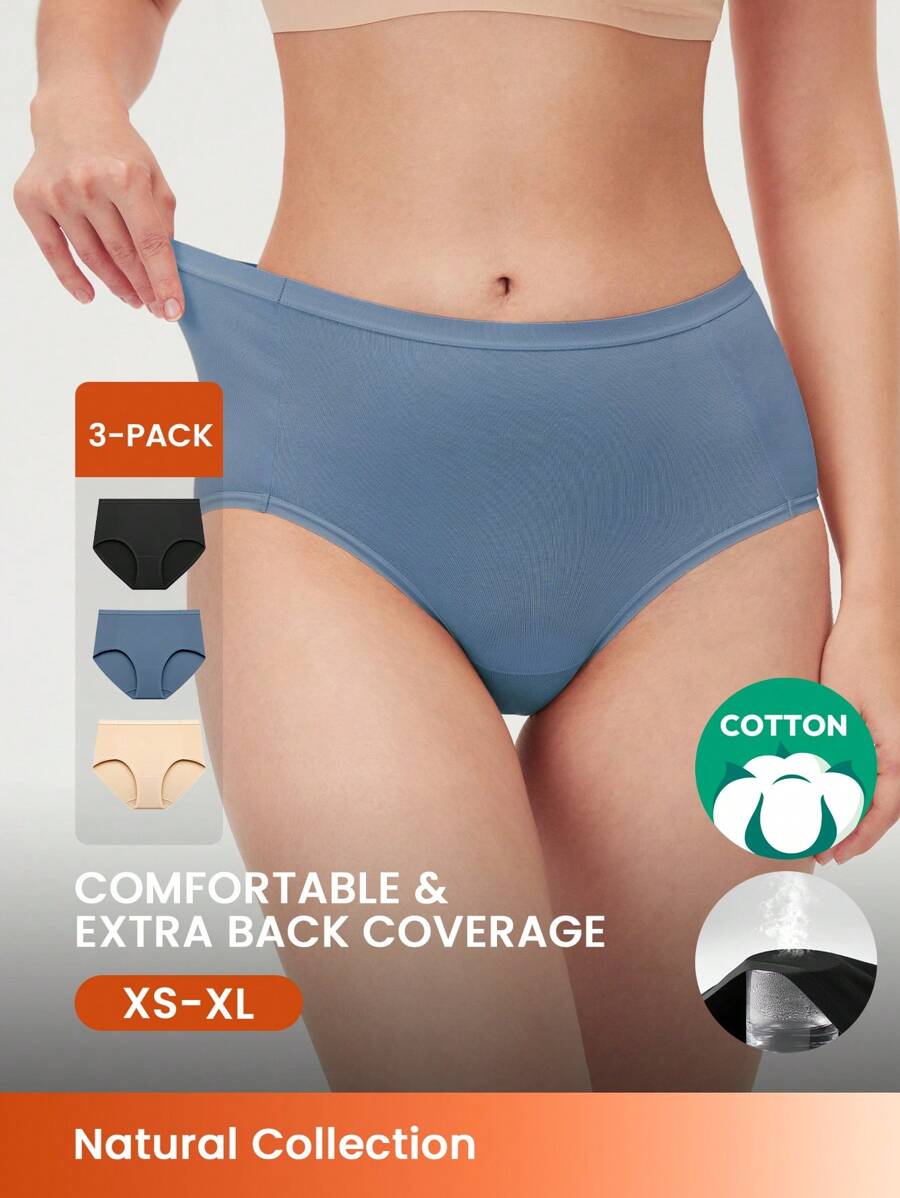 LUVLETTE 3 条装透气棉质基础款高腰三角裤女士内裤套装 - 蓝色款也适合少女、青少年和儿童 - 彩色 - 查看 1