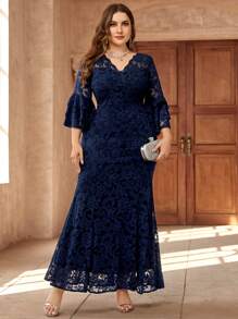 Plus Size V-Neck Ruffle Sleeve Floral Lace Mermaid Maxi Dress, Suitable For Valentine's Day, Wedding Guest, Prom, Birthday, Holiday, Graduation Ceremony, Gala And Other Occasions - Navy Blue - View 9