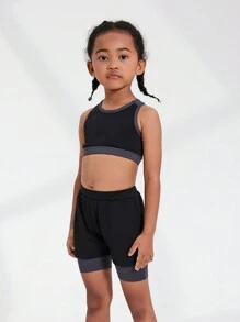 SHEIN Conjunto deportivo para niñas jóvenes con top sin mangas + shorts holgados de bloques de color, ropa deportiva transpirable y cómoda para exteriores