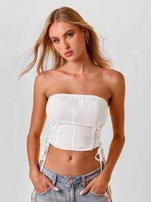 Aloruh Women's Summer Daily Cross-Tie Waist Solid White Tube Top With Drawstring - White - View 1