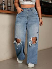 SHEIN ICON Jeans de talla grande con pierna ancha, con bolsillos y estilo desgastado, informal - Lavado ligero - Ver 2